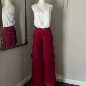 RSQ Burgundy Wide Leg Cargo Pants 28 Contrast Stitch Y2K Streetwear Skater Gorp